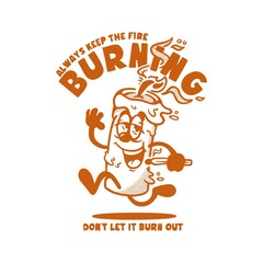 burning with cute smile candle character vintage illustration design 