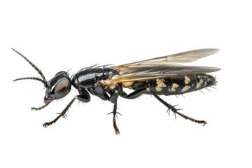 Black-bodied fly with translucent wings, dotted abdomen, and detailed legs