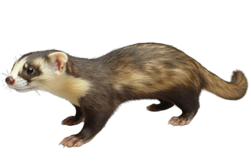 Alert polecat, brown fur, white patches, looking forward, isolated