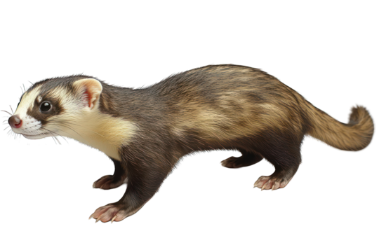 Alert polecat, brown fur, white patches, looking forward, isolated