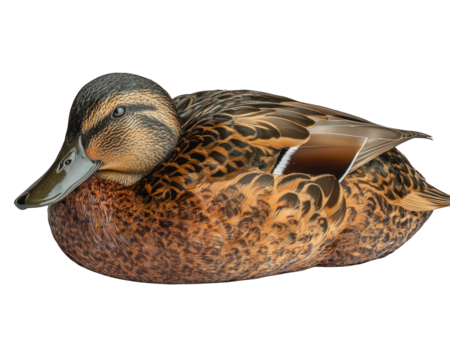 A hen mallard duck curled up on black background, looking left, feathers detailed