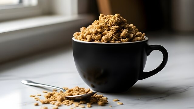 Mug filled with crunchy granola and spoon on a marble surface