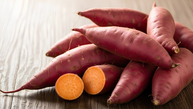 Vibrant sweet potatoes with one cut open displaying rich orange flesh on a rustic wooden table