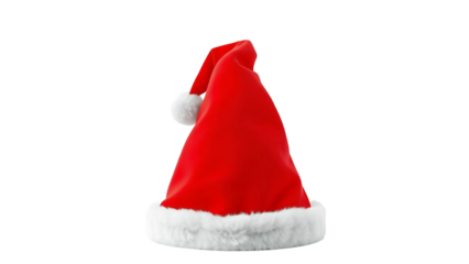 A classic red Santa hat with white trim and a fluffy white pom-pom, isolated on a transparent background for festive design elements
