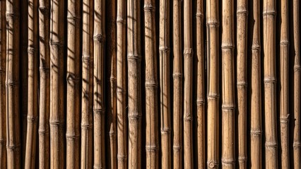 Naklejka premium Bamboo stalks standing tall in a serene natural setting with sunlight casting shadows
