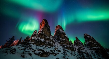 Majestic Aurora Borealis swirls like a whisked cosmic display over snow-covered jagged rock pillars in a breathtaking arctic night scene