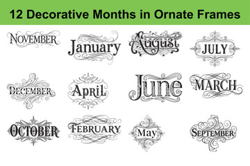 Decorative month typography art design in ornate frame for calendar invitations and seasonal projects 