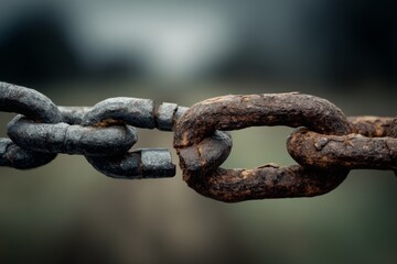 Fototapeta premium Close-up of a rusted chain with a broken link symbolizing release and transformation.