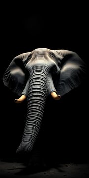 Elephant's colossal form emerges from inky blackness, tusks like ivory blades catching scant light, a titan carved from obsidian and moonlight,  colossal,  powerful