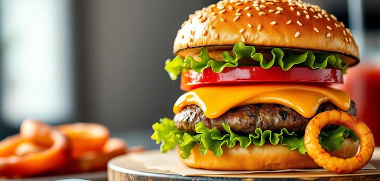 Juicy burger with sesame seed bun, lettuce, tomato, cheese, and onion rings, vegetarian, vegan