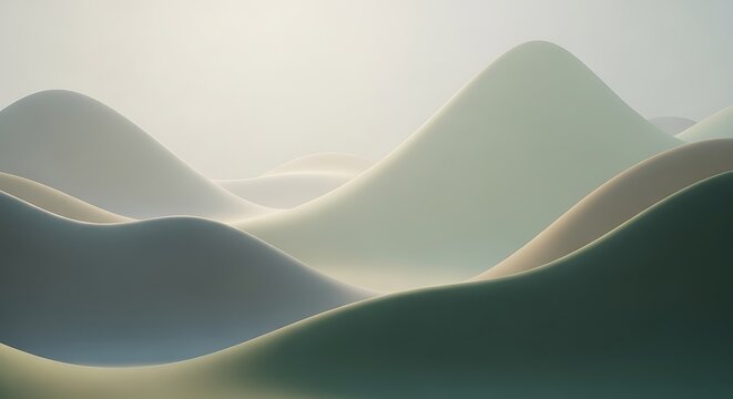 Abstract serene landscape with rolling hills and soft light, creating a tranquil and calming visual experience
