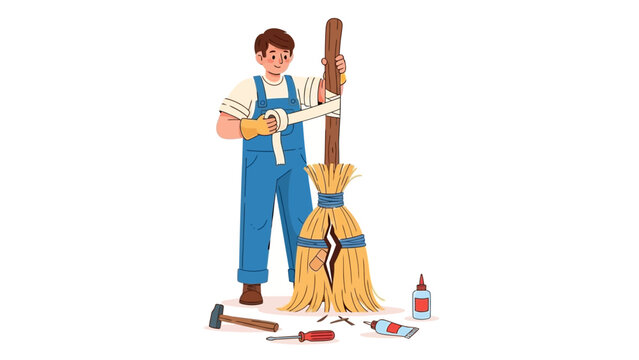 A resourceful young man in overalls diligently repairs a broken wooden whisk broom handle with duct tape and various tools