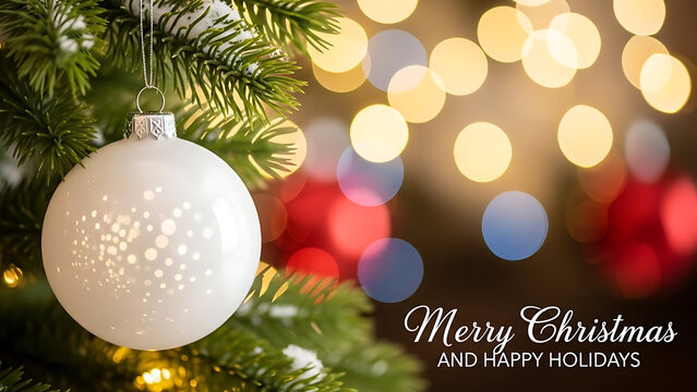 This tranquil winter festive Xmas theme image captures the essence of Noel, using shallow depth of field to highlight the clean white ornament and the vibrant, blurred colors of the backdrop.