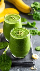 Two glasses of green smoothie with bananas and spinach