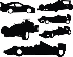 Obraz premium Vector collection of black silhouettes featuring various formula racing cars and sports vehicles isolated on white background for motorsport design.