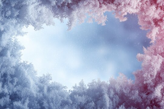 Abstract Winter Frost Frame Background with Split-Tone Lighting. Rime ice covered pine branches create a beautiful, snowy border looking up at the falling snow and sky.