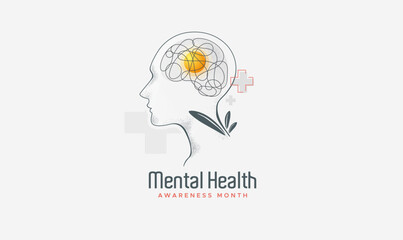 Mental Health Awareness Month. Features a human profile with a complex illuminated brain, a medical cross, and healing plants. Symbolizes support, therapy, and psychological recovery. health campaign