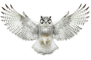 Majestic owl soaring, wings fully spread in flight, with focused gaze on the viewer