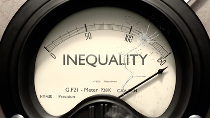 Inequality meter showing big levels of inequality. Dangerously increasing high values of inequality, critical overload. Too much, off the charts. Max inequality