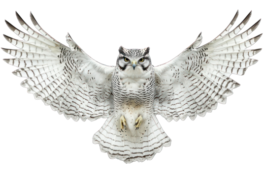 Majestic owl soaring, wings fully spread in flight, with focused gaze on the viewer