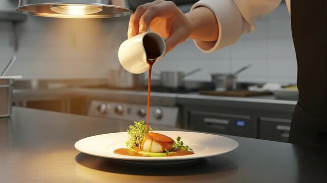 Chef plating gourmet food in professional kitchen