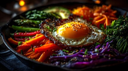 Korean bibimbap served in hot stone bowl with colorful vegetables, fried egg and rice, perfect for recipe books, food blog visuals