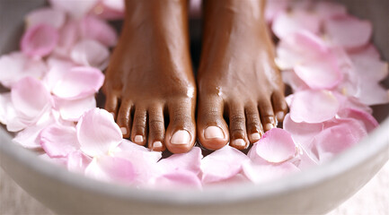 black woman soaking feet in a bowl of warm water with pink rose petals, close-up showing gentle self-care pampering skincare and tranquil spa relaxation for wellbeing