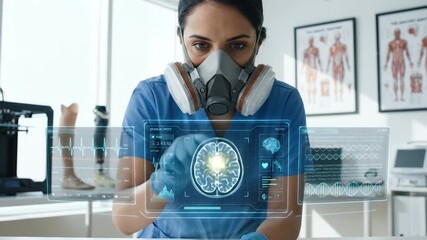 Close-up shot of an advanced medical professional wearing protective gear, she is looking at digital screens displaying various health data. - Powered by Adobe
