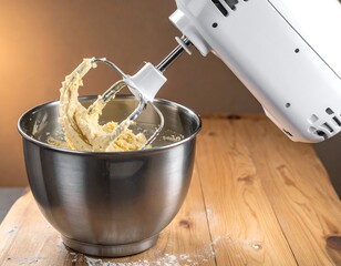 Close-up of electric mixer blending batter in a metal mixing bowl