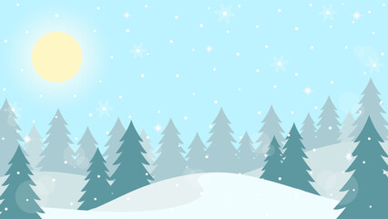 Winter Scenery With Sparkling Snowflakes And Pine Forest With Clear Blue Sky Background