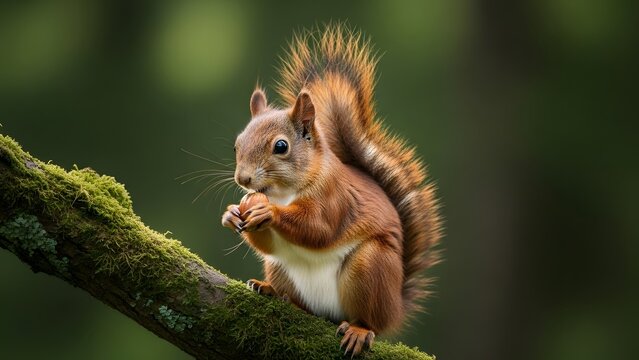 Red squirrel perched on mossy branch enjoying a meal in a lush forest environment