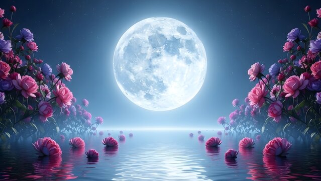 Glowing moon over water with floral borders creating a dreamlike and ethereal landscape