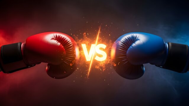 Red versus blue boxing gloves clash with energy sparks representing intense competition and rivalry in sports