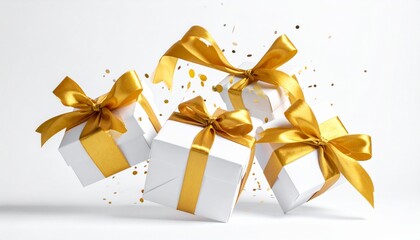Six white gift boxes with golden ribbons float mid-air surrounded by golden confetti on a plain white background—evoking celebration and festive elegance.