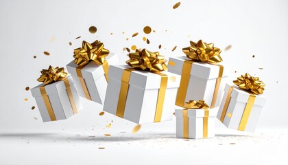 Six white gift boxes with golden ribbons float mid-air surrounded by golden confetti on a plain white background—evoking celebration and festive elegance.