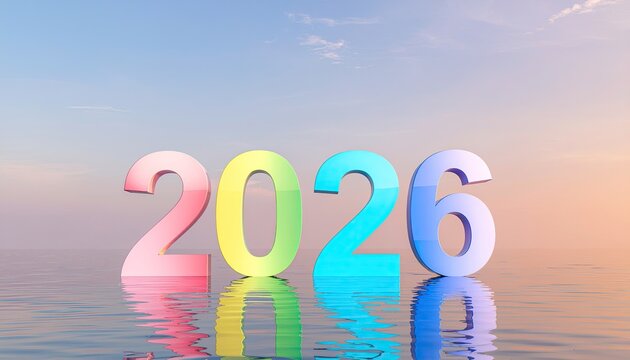 Colorful '2026' floats on calm water, bright sky