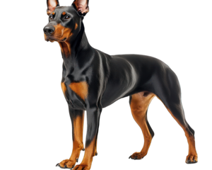 Sleek, black/tan Doberman standing posed against transparent background