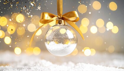 A clear glass Christmas ornament filled with artificial snow and golden stars hangs by a gold ribbon, glowing against a warm bokeh-lit background.