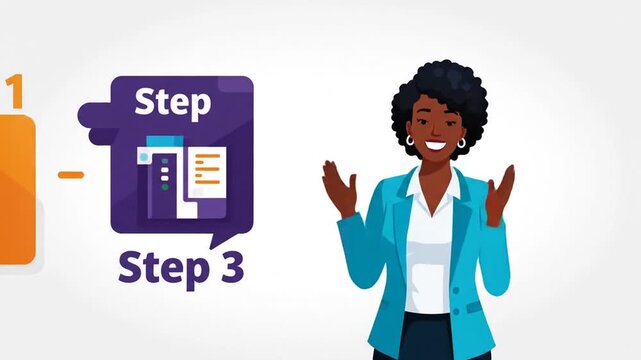 Animated businesswoman presents 'Step 1' in video tutorial, ideal for explainer videos or onboarding sequences, offering clear and concise guidance