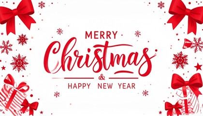 A white holiday greeting card with scattered decorations—stars, candy canes, ornaments, snowflakes, pine branches, and confetti—framing cheerful Christmas and New Year text.