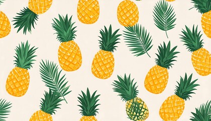 Tropical pattern of pineapples and palm leaves scattered on light cream