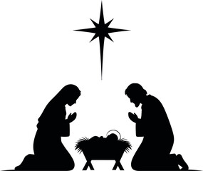 Nativity scene silhouette with star, mary, joseph, and baby jesus
