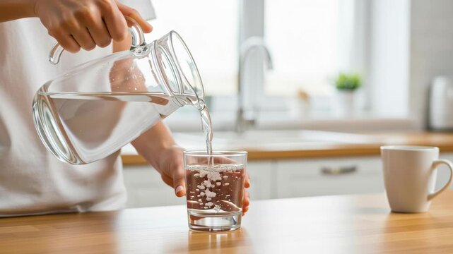 Clean water poured into glass bright kitchen promoting environment sustainability nature fresh health drink resource purity access as person fills clear glass from pitcher showing everyday habit