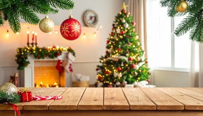 A beautifully decorated indoor Christmas tree with glowing lights, red and gold ornaments, and garlands stands near a window with falling snow—evoking festive warmth and holiday celebration.