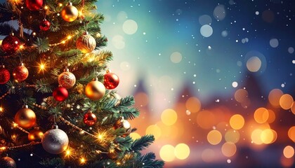 A beautifully decorated indoor Christmas tree with glowing lights, red and gold ornaments, and garlands stands near a window with falling snow—evoking festive warmth and holiday celebration.