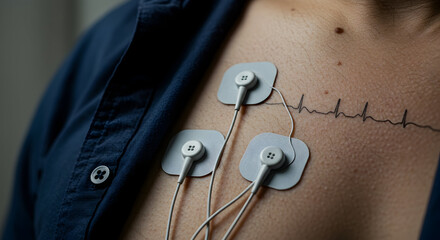 Close-Up of Electrodes Attached to Chest for Heart Monitoring with Visible ECG Line and Medical Context