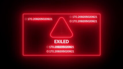 system ban and user removal notification. glowing red frame with urgent exile warning. virtual interface access termination concept. account suspension alert with warning icon.