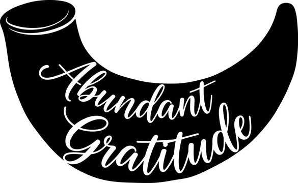 Abundant gratitude text on a cornucopia horn of plenty graphic