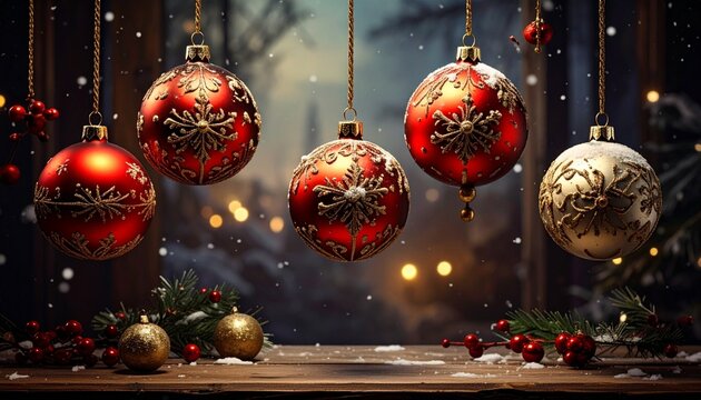 Five Christmas ornaments—four red and one white with gold snowflake designs—hang among falling snowflakes, red berries, and evergreen branches, set against a cozy winter backdrop.