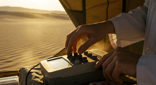 Scientist Taking Measurements with Research Equipment in Desert Landscape at Sunset